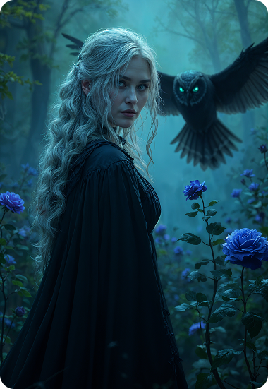 Mystical forest scene with woman and owl